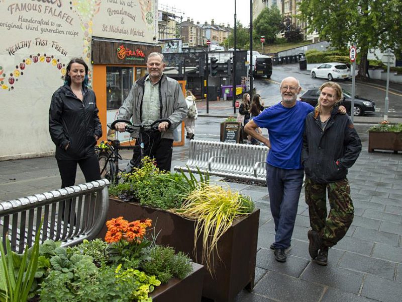 Councillors Emma Edwards, Ed Plowden and Tim Wye (with his daughter) at the opening event for the newly-pedestrianised Overton Road