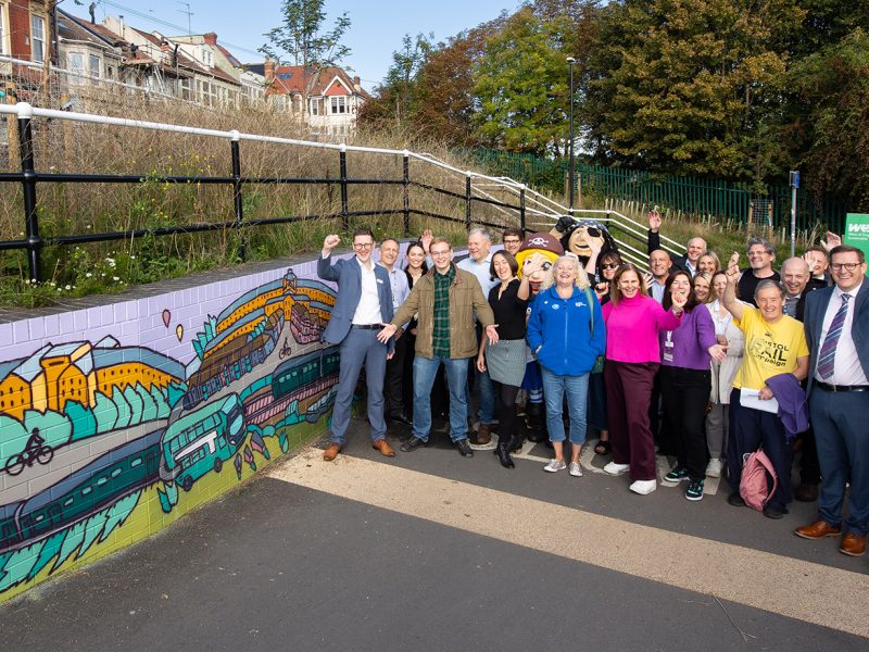 Metro Mayor Helen Godwin, artist Andy Council, and rail and council representatives at the mural unveiling