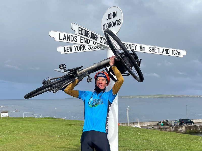 Alan Watling at the end of his bike marathon for Prostate Cancer UK