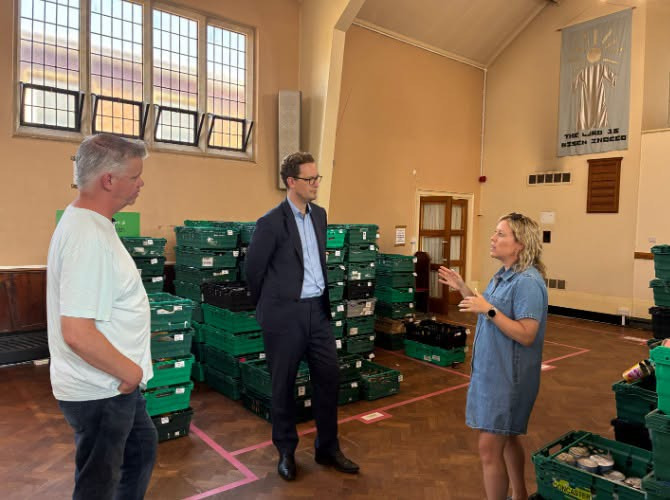 MP Darren Jones with Stewart North and Ellen Wood at North Bristol Foodbank in Horfield